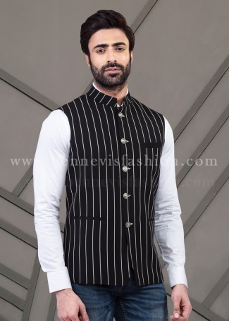 Black Striped Casual Bandi Jacket for Men