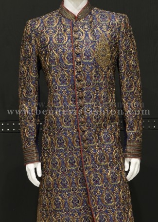 Blue Color Embroidered Mens Sherwani