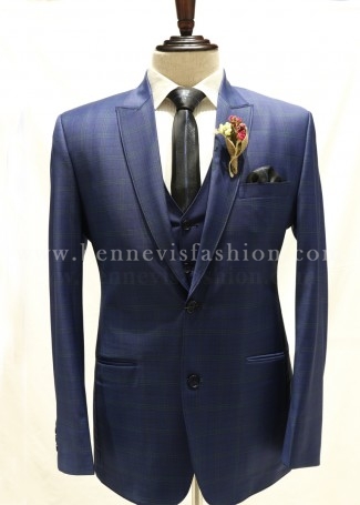 Blu Terry Wool Checkered Designer Men Suit
