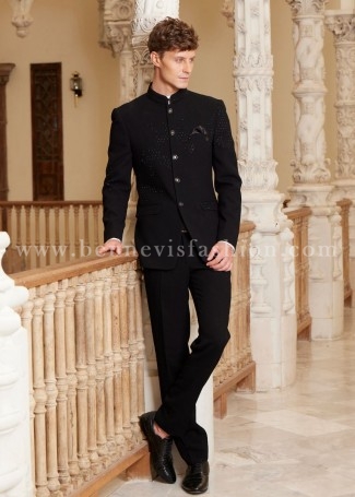 Black Terry Rayon Designer Bandhgala For Men