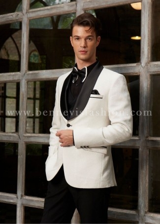 White Jacquard Designer Suit For Men