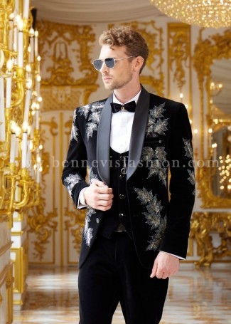 Velvet Black Embroidered Suit For Men