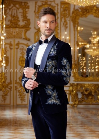 Velvet Navy Blue Embroidered Suit For Men