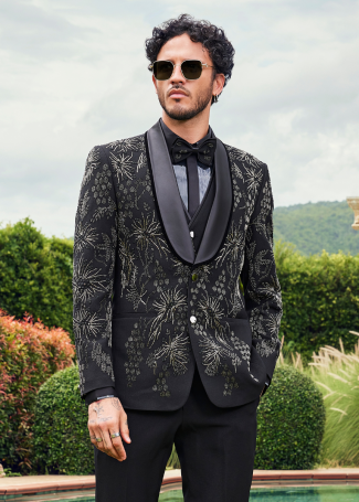Luxurious Black Embroidered Tuxedo Suit for Men