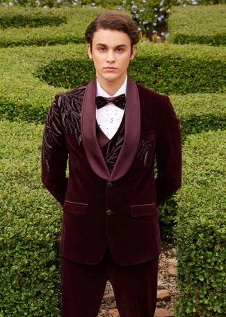 Wine Velvet Designer Embroidered Tuxedo for Men