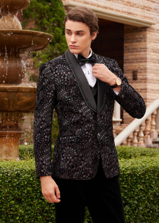 Black Velvet Floral Embroidered Tuxedo Suit For Men