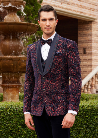 Blue Velvet Floral Embroidered Tuxedo Suit For Men
