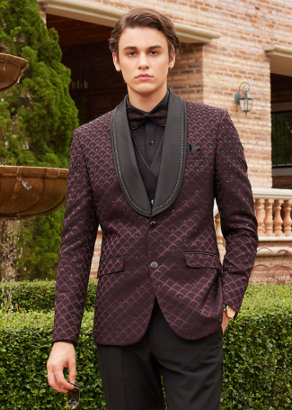 Wine Jacquard Designer Suit For Men