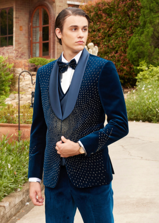 Cotton Velvet Teal Embroidered Suit For Men
