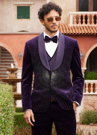 Cotton Velvet Metallic Embroidered Purple Designer Tuxedo For Men