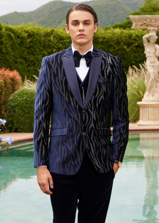 Navy Blue Velvet Print Designer Tuxedo For Men
