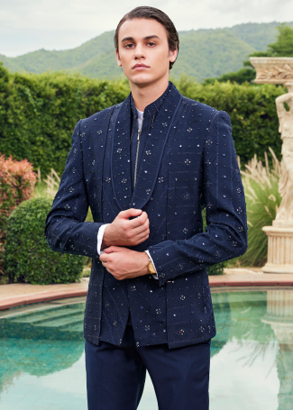 Blue Mirror Work Fusion Suit for Men