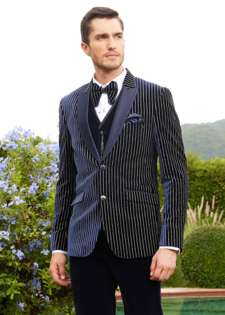 Classic Navy Blue Velvet Stripe Tuxedo Suit for Men