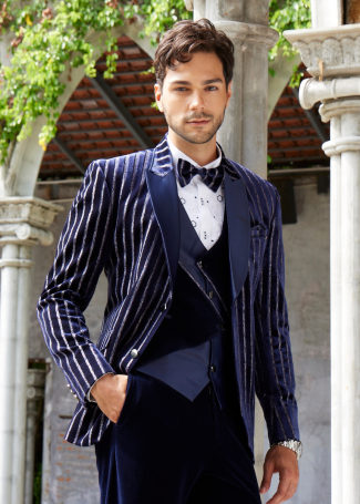 Bold Velvet Stripe Blue Tuxedo For Men