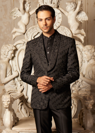 Black Jacquard Designer Tuxedo Suit for Men 