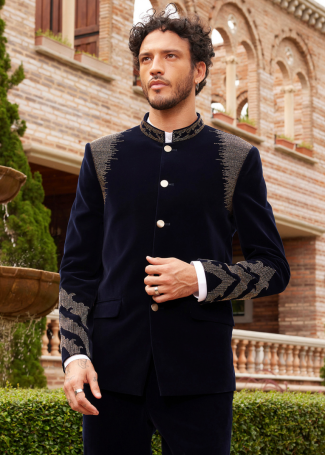Blue Velvet Bandhgala Jodhpuri
