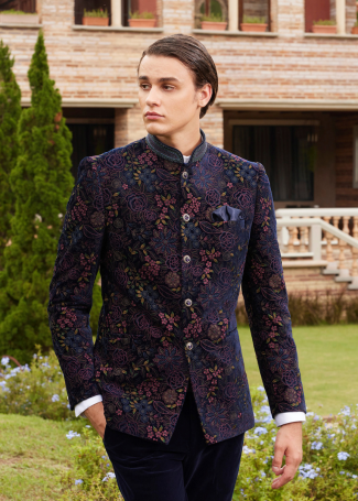 Blue Velvet Embroidered Jodhpuri For Men