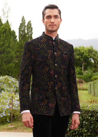 Black Velvet Embroidered Jodhpuri For Men