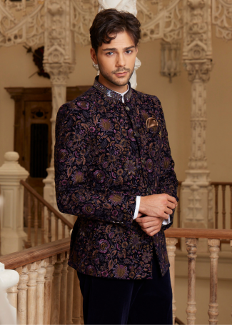 Purple Velvet Embroidered Jodhpuri For Men