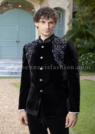 Black Velvet Shoulder Embroidered Bandhgala For Men