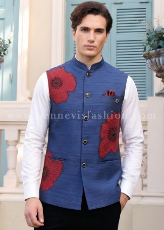 Blue Royale Floral Embroidered Waistcoat for Men