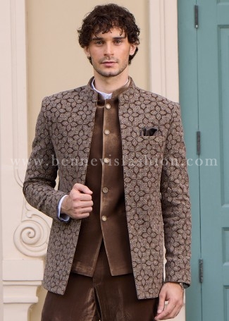 Brown Velvet Floral Embroidered Jodhpuri For Men