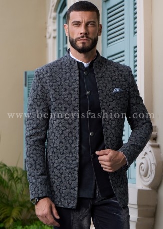 Grey Velvet Floral Embroidered Jodhpuri For Men