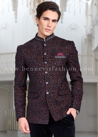 Royal Black Intricate Floral Embroidered Bandhgala For Men