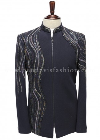 Midnight Blue Fluid-Embroidered Bomber Jodhpuri for Men