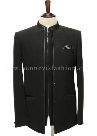 Jet Black Shimmer Crepe Zipper 3 Piece Jodhpuri for Men