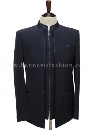 Jet Blue Shimmer Crepe Zipper 3 Piece Jodhpuri for Men