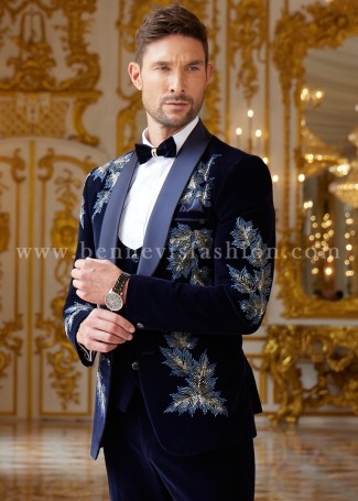 Velvet Navy Blue Hand Printed Embroidered Suit For Men
