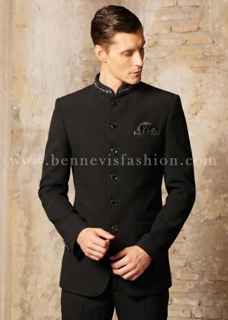 Black Hued Textured Embellished Jodhpuri for Men 