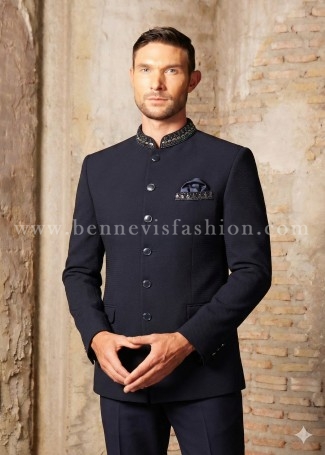 Midnight Blue Textured Embellished Jodhpuri Suit for Men