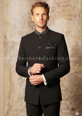Jet Black Shimmer Textured Embellished Jodhpuri Suit for Men