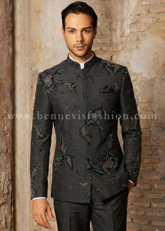 Charcoal Black Textured Abstract Beadwork Jodhpuri Suit for Men