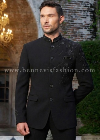 Matte Black Jodhpuri Suit with Beadwork Shoulder Detailing for Men