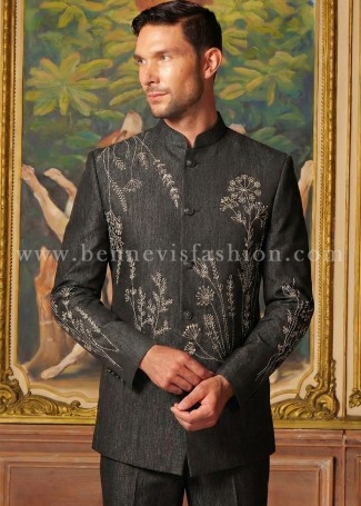 Charcoal Black Jodhpuri with Hand-Embroidered Meadow for Men