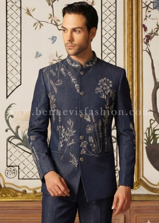 Deep Blue Jodhpuri with Hand-Embroidered Meadow for Men