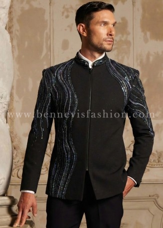 Midnight Black Fluid-Embroidered Bomber Jodhpuri for Men