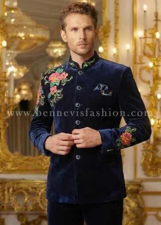 Sapphire Blue Velvet Floral Embroidered Jodhpuri for Men