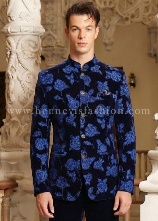 Classic Midnight Blue Velvet Bandhgala Jodhpuri