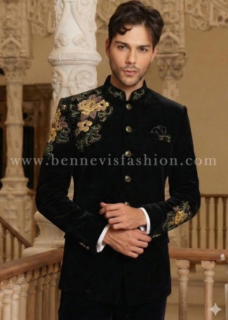 Inky Black Velvet Floral Embroidered Jodhpuri for Men