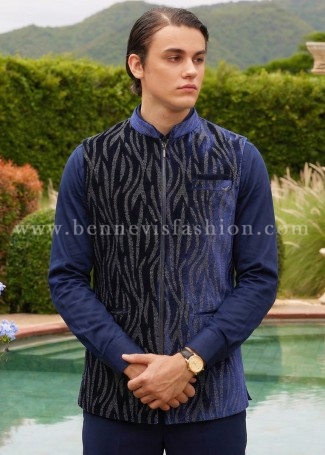 Royal Blue Abstract Zipper Waistcoat for Men [Bomber Jacket]
