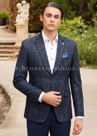 Blue Corduroy-Textured Paisley-Print Blazer for Men